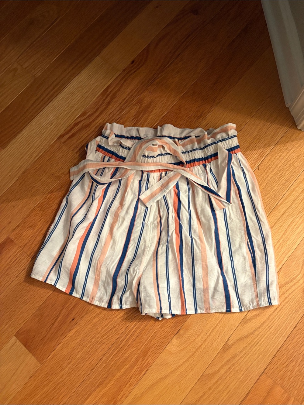 Staccato White Paperbag Waist Shorts with Blue & Peach Stripes